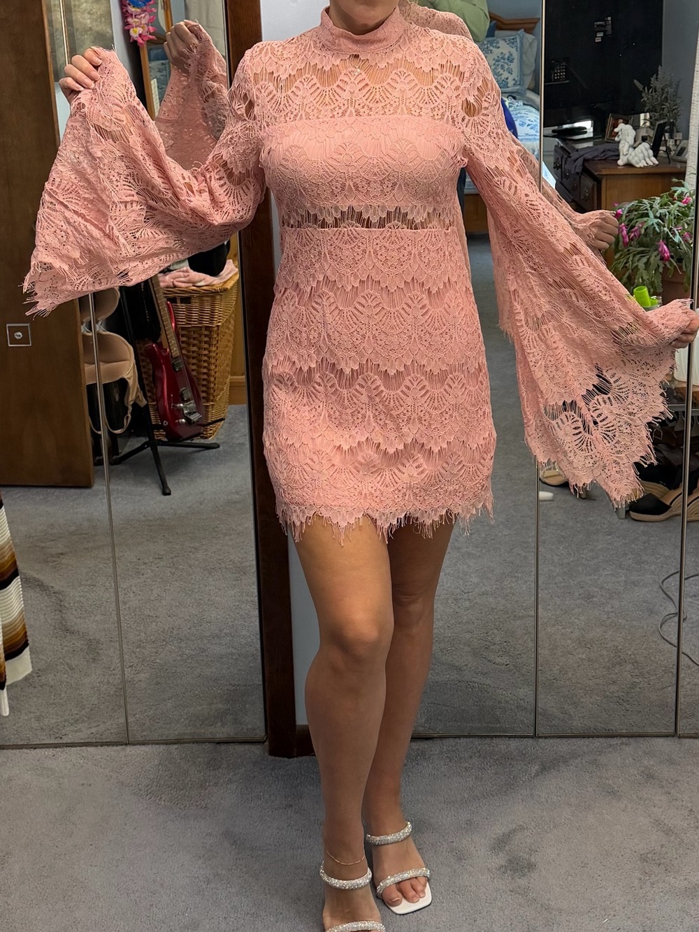 MINKPINK Dusty Rose Lace Bell-Sleeve Mini Dress